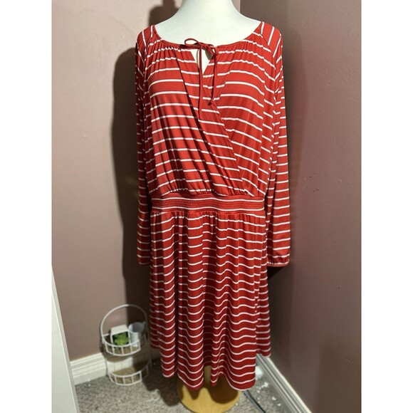 LuLaRoe Jody Dress Womens 2XL Long Sleeve Peasant Smocked Waistband Red Stripes - Picture 1 of 11